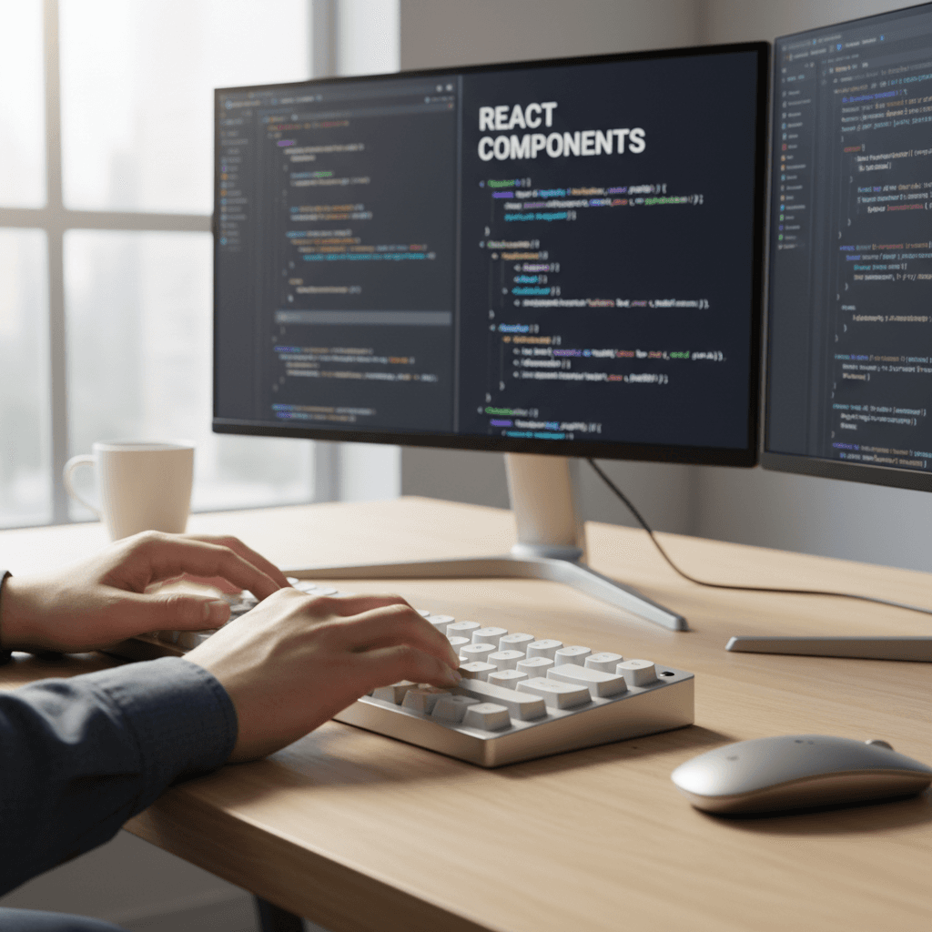 Software developer focused on coding work at modern desk with dual monitors